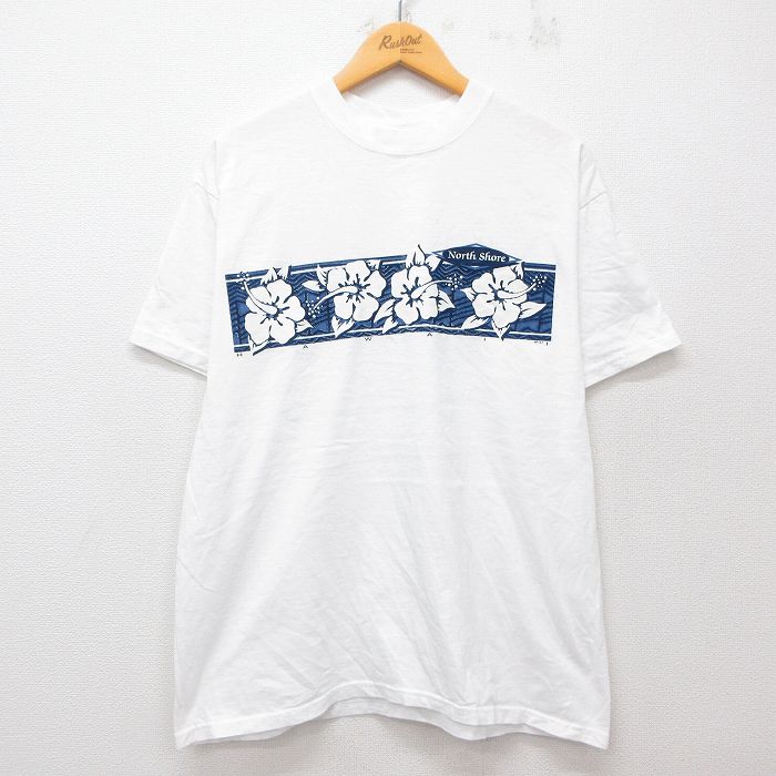 乐天商城 - 【中古】古着 00s ハイビスカス プリント Tシャツ メンズ XLサイズ 白 コットン クルーネック アメカジ ストリート カジュアル きれいめ ヴィンテージ レトロ 25jul26
