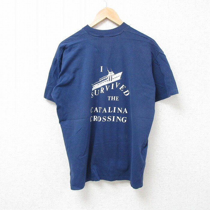 【中古】古着 ヴィンテージTシャツ メンズ 80s 80年代 半袖 紺 ネイビー 2Lサイズ USA製 コットン クルーネック 胸ポケット 大きいサイズ クルージング アメカジ ストリート 5OF