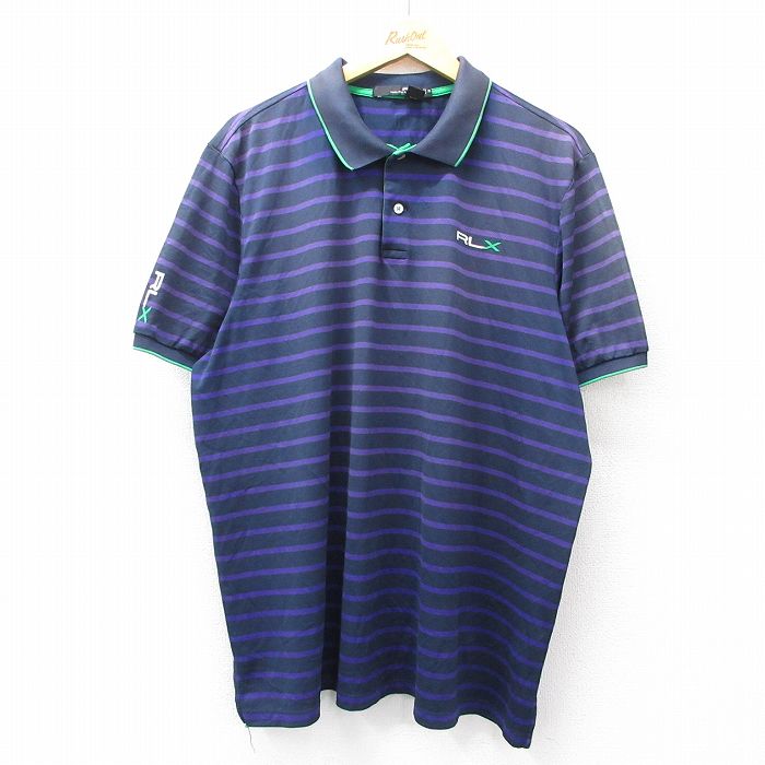 【中古】古着 ラルフローレン 半袖ポロシャツ メンズ XLサイズ 紺 ボーダー ワンポイントロゴ Ralph Lauren 大きいサイズ アメカジ ストリート カジュアル 25jul29