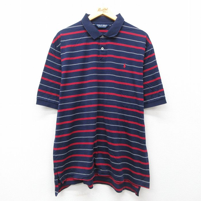 【中古】古着 ラルフローレン Ralph Lauren ポロゴルフ 90s 半袖ポロシャツ メンズ 2Lサイズ ワンポイントロゴ 紺 ネイビー ボーダー コットン アメカジ ストリート【spe】