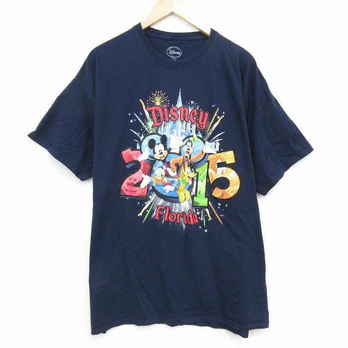 【中古】古着 半袖Tシャツ メンズ ディズニー DISNEY ミッキー MICKEY MOUSE グーフィー 大きいサイズ 2L LL ビッグシルエット ゆったり ビッグサイズ オーバーサイズ コットン クルーネック 丸首 紺 ネイビー XLサイズ 中古 | 春夏 夏物 夏服 メンズファッション