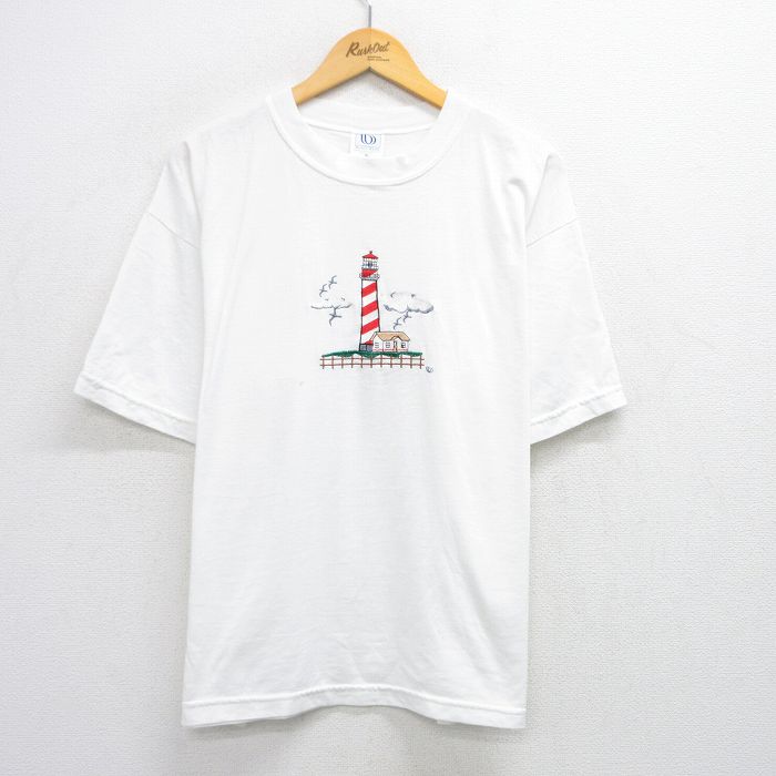 樂天商城 - 【中古】古着 半袖 ビンテージ ヴィンテージTシャツ メンズ 90年代 90s 灯台 刺繍 大きいサイズ 2L LL ビッグシルエット ゆったり ビッグサイズ オーバーサイズ クルーネック 丸首 USA製 アメリカ製 白 ホワイト XLサイズ 中古 | 春夏 夏物 夏服 ヴィンテージTシ