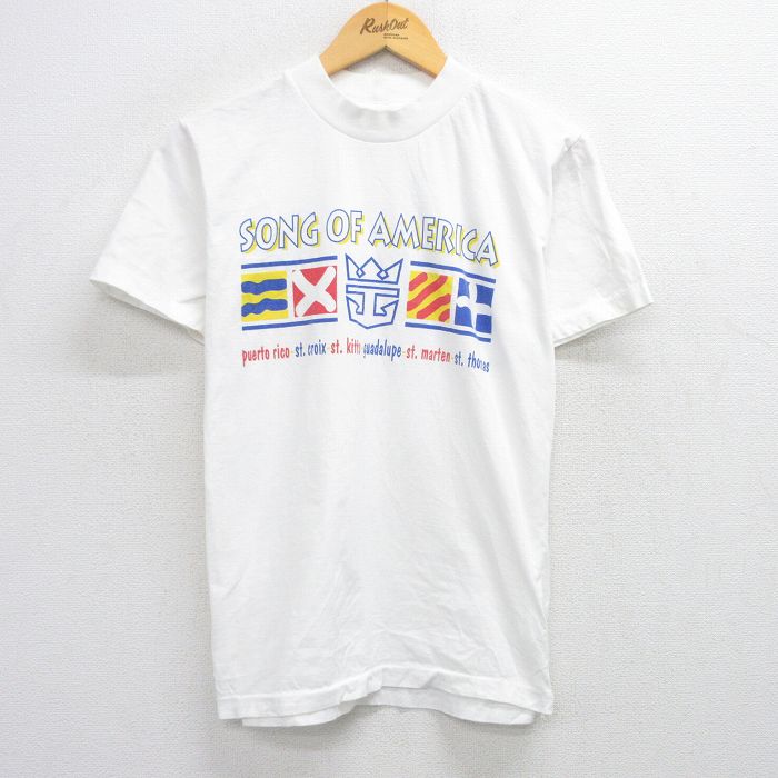 【中古】古着 90s ヴィンテージTシャツ メンズ Lサイズ 90年代 半袖 SONG OF AMERICA クルーネック 白 ホワイト コットン 春夏 アメカジ ストリート カジュアル
