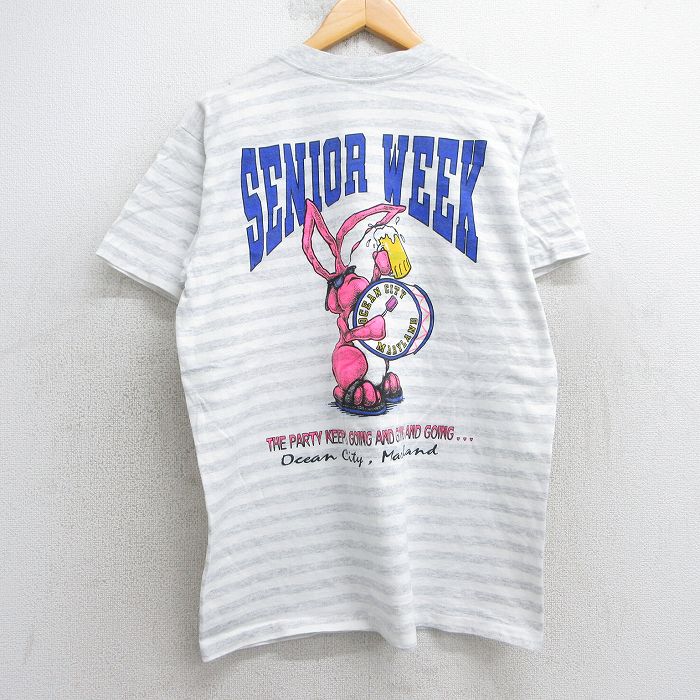 【中古】古着 半袖 ビンテージ ヴィンテージTシャツ メンズ 90年代 90s ウサギ シニアウィーク クルーネック 丸首 USA製 アメリカ製 白他 ホワイト ボーダー 【spe】 Lサイズ 中古 | 春夏 夏物 夏服 ヴィンテージTシャツ メンズファッション カットソー ティーシ 5OF