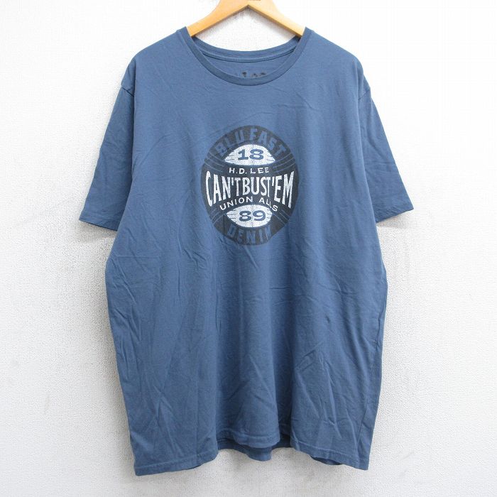 【中古】古着 リー Lee 半袖 ブランドTシャツ メンズ BLUFAST DENIM 大きいサイズ 2L LL ビッグシルエット ゆったり ビッグサイズ オーバーサイズ コットン クルーネック 丸首 薄紺 ネイビー XLサイズ 中古 | 春夏 夏物 夏服 メンズファッション カットソー ティ