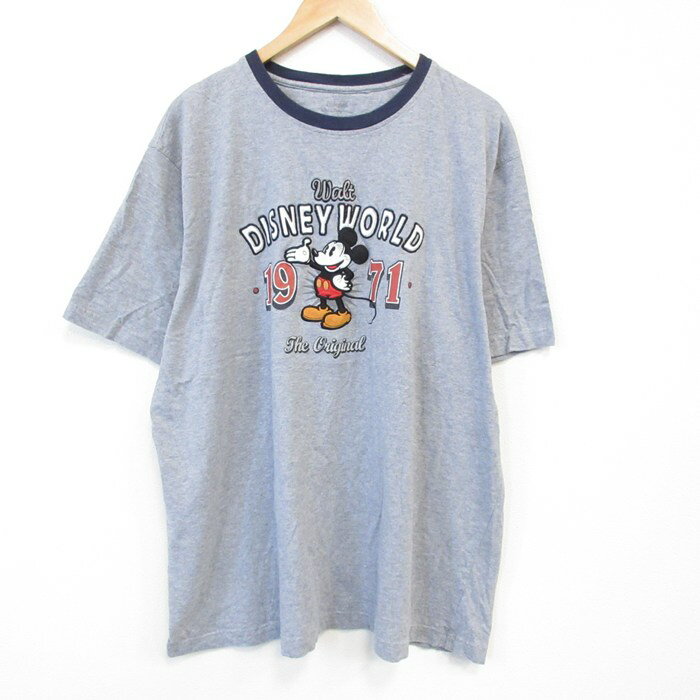 【中古】古着 半袖Tシャツ メンズ ディズニー DISNEY ミッキー MICKEY MOUSE 大きいサイズ 2L LL ビッグシルエット ゆったり ビッグサイズ オーバーサイズ コットン クルーネック 丸首 グレー 霜降り XLサイズ 中古 | 春夏 夏物 夏服 メンズファッション カットソ 2OF