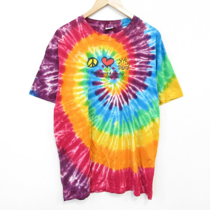 樂天商城 - 【中古】古着 半袖Tシャツ メンズ ピースマーク ハート 大きいサイズ 2L LL ビッグシルエット ゆったり ビッグサイズ オーバーサイズ コットン クルーネック 丸首 オレンジ他 タイダイ XLサイズ 中古 | 春夏 夏物 夏服 メンズファッション カットソー ティーシャ