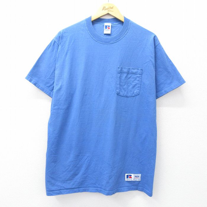 【中古】古着 ラッセル 半袖 ビンテージ ヴィンテージTシャツ メンズ 90年代 90s 無地 胸ポケット付き コットン クルーネック 丸首 USA製 アメリカ製 青 ブルー 【spe】 Lサイズ 中古 | 春夏 夏物 夏服 ヴィンテージTシャツ メンズファッション カットソー ティー 2OF