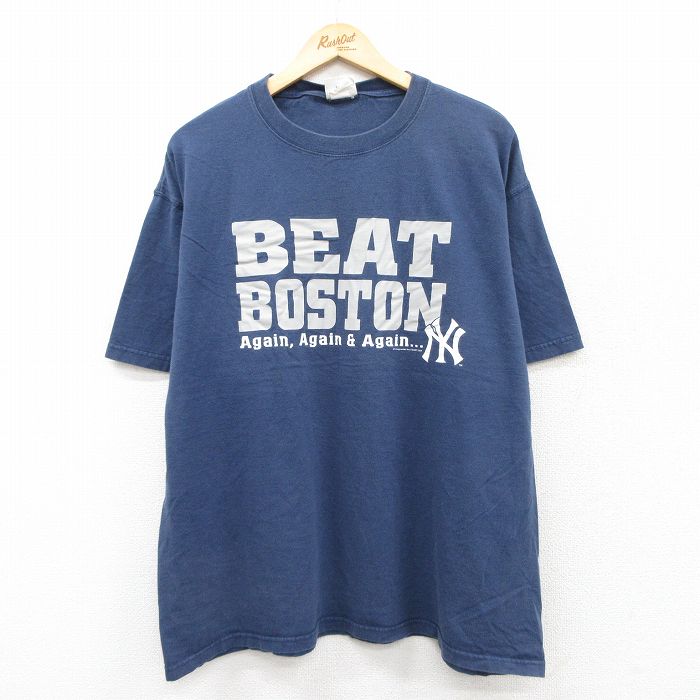 樂天商城 - 【中古】古着 リー Lee 半袖 ビンテージ ヴィンテージTシャツ メンズ 00年代 00s MLB ニューヨークヤンキース 大きいサイズ 2L LL ビッグシルエット ゆったり ビッグサイズ オーバーサイズ コットン クルーネック 丸首 紺 ネイビー メジャーリーグ ベースボール