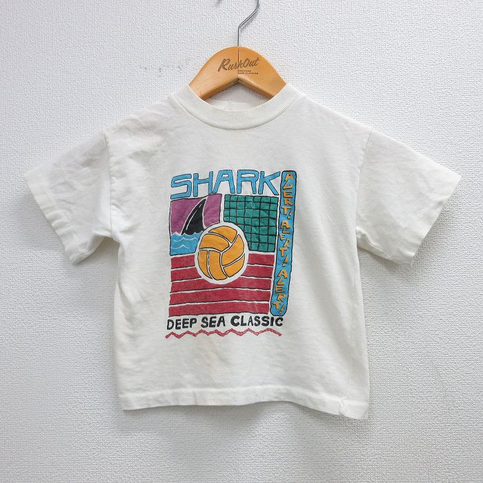 【中古】古着 半袖 ビンテージ ヴィンテージTシャツ キッズ ボーイズ 子供服 80年代 80s サメ ビーチバレー コットン クルーネック 丸首 USA製 アメリカ製 白 ホワイト | 春夏 春物 春服 秋冬 秋物 秋服 女の子 子ども服 こども服 カジュアル ファッション おしゃ
