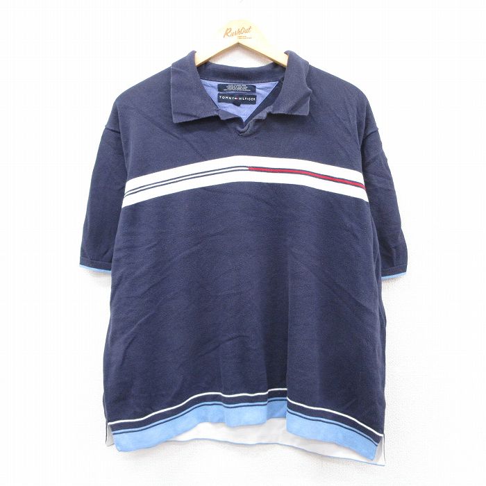 樂天商城 - 【中古】古着 トミーヒルフィガー TOMMY HILFIGER 半袖 ブランド ポロシャツ メンズ 大きいサイズ 2L LL ビッグシルエット ゆったり ビッグサイズ オーバーサイズ コットン 開襟 オープンカラー 紺他 ネイビー XLサイズ 中古 トップス | 春夏 春物 春服 夏物 夏服