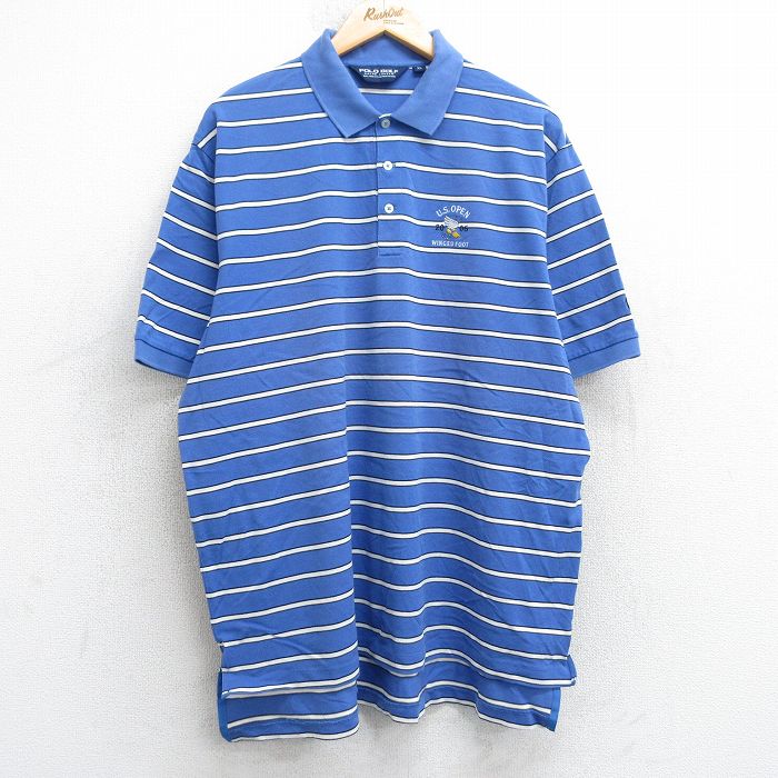 【中古】古着 ラルフローレン Ralph Lauren ポロゴルフ 半袖 ブランド ポロシャツ メンズ 00年代 00s ウイングフット 鹿の子 大きいサイズ 2L LL ビッグシルエット ゆったり ビッグサイズ オーバーサイズ コットン 青他 ブルー ボーダー XLサイズ 中古 トップス | 5OF