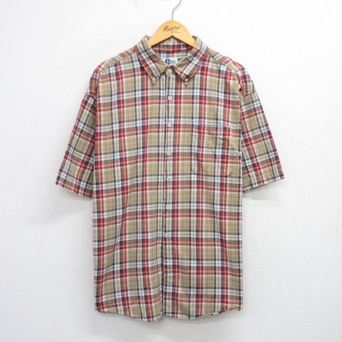 乐天商城 - 【中古】古着 アリゾナジーンズ 半袖シャツ メンズ 00年代 00s コットン ボタンダウン ベージュ他 カーキ チェック XLサイズ 中古 トップス | 春夏 春物 春服 夏物 夏服 カジュアルシャツ メンズファッション 半袖シャツ おしゃれ カジュアル