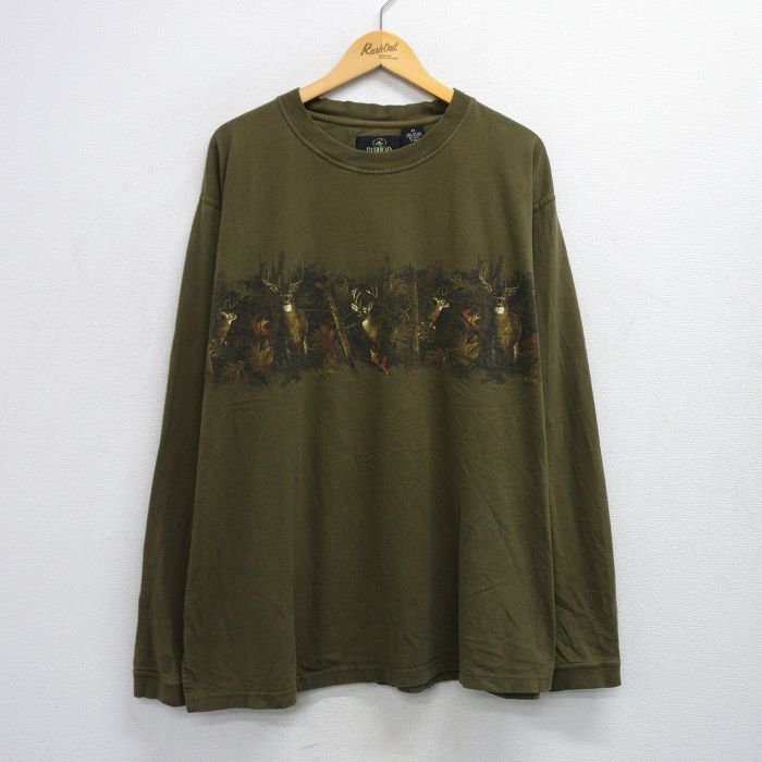 樂天商城 - 【中古】古着 レッドヘッド 長袖 ビンテージ ヴィンテージTシャツ メンズ 00年代 00s シカ 大きいサイズ 2L LL ビッグシルエット ゆったり ビッグサイズ オーバーサイズ コットン クルーネック 丸首 濃緑 グリーン XLサイズ 中古 | 春夏 春物 春服 秋冬 秋物 秋服