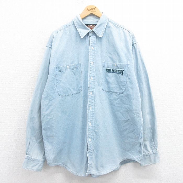 【中古】古着 ハーレーダビッドソン Harley Davidson 長袖シャツ メンズ ワンポイントロゴ 大きいサイズ 2L LL ビッグシルエット ゆったり ビッグサイズ オーバーサイズ コットン 紺 ネイビー デニム XLサイズ 中古 トップス 春夏 春物 春服 秋冬 秋物 秋服 カ