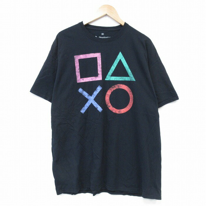【中古】古着 リップルジャンクション 半袖Tシャツ メンズ プレイステーション 大きいサイズ 2L LL ビッグシルエット ゆったり ビッグサイズ オーバーサイズ コットン クルーネック 丸首 黒 ブラック XLサイズ 中古 | 春夏 夏物 夏服 メンズファッション カットソ