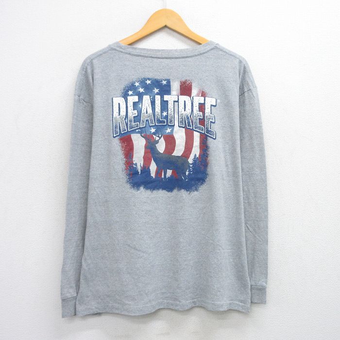 樂天商城 - 【中古】古着 長袖Tシャツ メンズ REALTREE シカ 星条旗 大きいサイズ 2L LL ビッグシルエット ゆったり ビッグサイズ オーバーサイズ クルーネック 丸首 グレー 霜降り XLサイズ 中古 | 春夏 春物 春服 秋冬 秋物 秋服 メンズファッション ロンT カットソー ロン