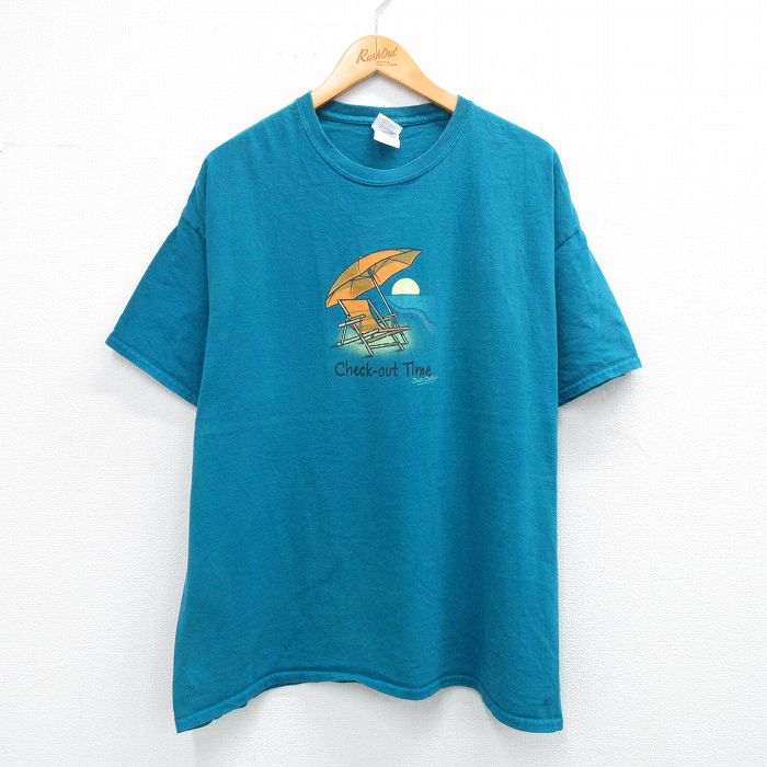 【中古】古着 半袖 ビンテージ ヴィンテージTシャツ メンズ 00年代 00s ビーチパラソル コットン クルーネック 丸首 青緑 XLサイズ 中古 | 春夏 夏物 夏服 ヴィンテージTシャツ メンズファッション カットソー ティーシャツ ティシャツ メンズTシャツ 半袖Tシャツ 2OF
