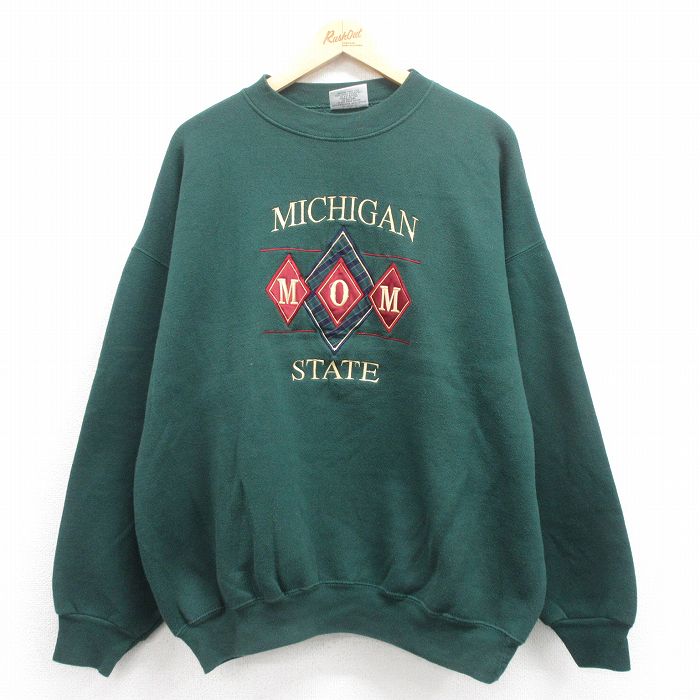 【中古】古着 長袖スウェット メンズ 00年代 00s ミシガン 刺繍 大きいサイズ 2L LL ビッグシルエット ゆったり ビッグサイズ オーバーサイズ クルーネック 丸首 緑 グリーン XLサイズ 中古 スエット トレーナー トップス 春夏 春物 春服 秋冬 秋物 秋服 メンズ