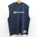 【中古】古着 チャンピオン champion ノースリーブ ビンテージ ヴィンテージTシャツ メンズ 90年代 90s ビッグロゴ 大きいサイズ 2L LL ビッグシルエット ゆったり ビッグサイズ オーバーサイズ コットン クルーネック 丸首 USA製 アメリカ製 紺 ネイビー 【spe】