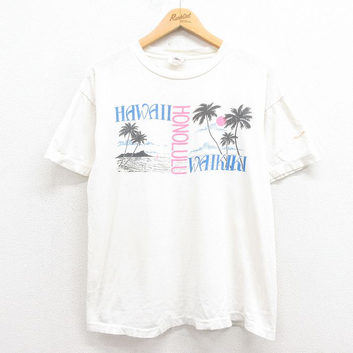 【中古】古着 半袖 ビンテージ ヴィンテージTシャツ メンズ 80年代 80s ハワイ コットン クルーネック 丸首 白 ホワイト Lサイズ 中古 | 春夏 夏物 夏服 ヴィンテージTシャツ メンズファッション カットソー ティーシャツ ティシャツ メンズTシャツ 半袖Tシャツ 2OF