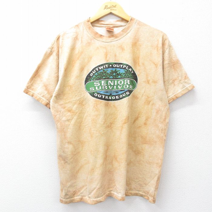 【中古】古着 半袖 ビンテージ ヴィンテージTシャツ メンズ 00年代 00s SENIOR コットン クルーネック 丸首 ベージュ他 カーキ タイダ..