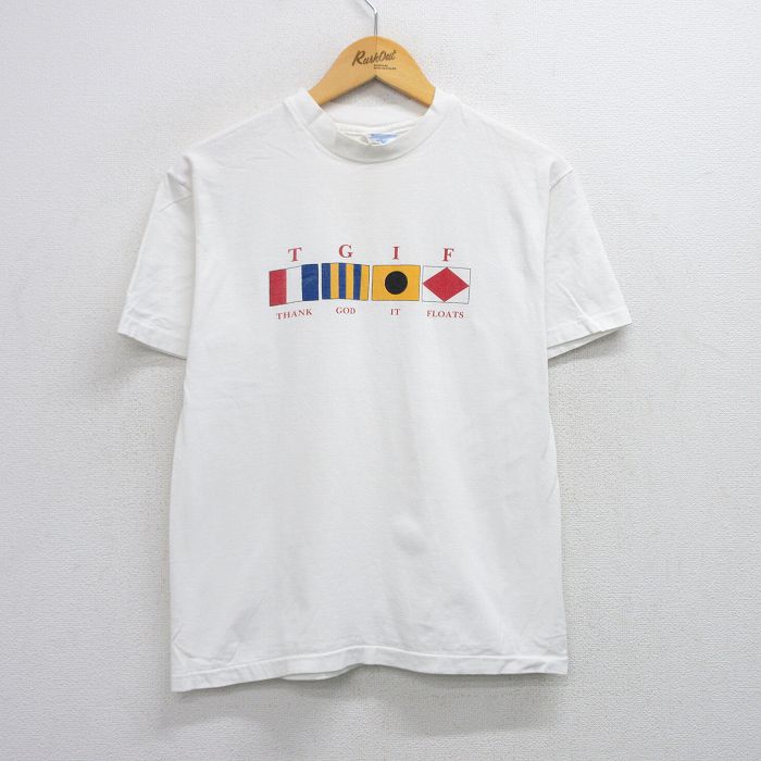【中古】古着 ヘインズ Hanes 半袖 ビンテージ ヴィンテージTシャツ メンズ 90年代 90s TGIF 国際信号旗 コットン クルーネック 丸首 USA製 アメリカ製 白 ホワイト Mサイズ 中古 | 春夏 夏物 夏服 ヴィンテージTシャツ メンズファッション カットソー ティーシャ 5OF