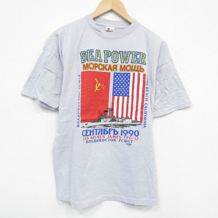 【中古】古着 SIGNAL 半袖 ビンテージ ヴィンテージTシャツ メンズ 90年代 90s ソ連 軍艦 コットン クルーネック 丸首 USA製 アメリカ製 薄グレー 【spe】 XLサイズ 中古 春夏 夏物 夏服 ヴィンテージTシャツ メンズファッション カットソー ティーシャツ ティ