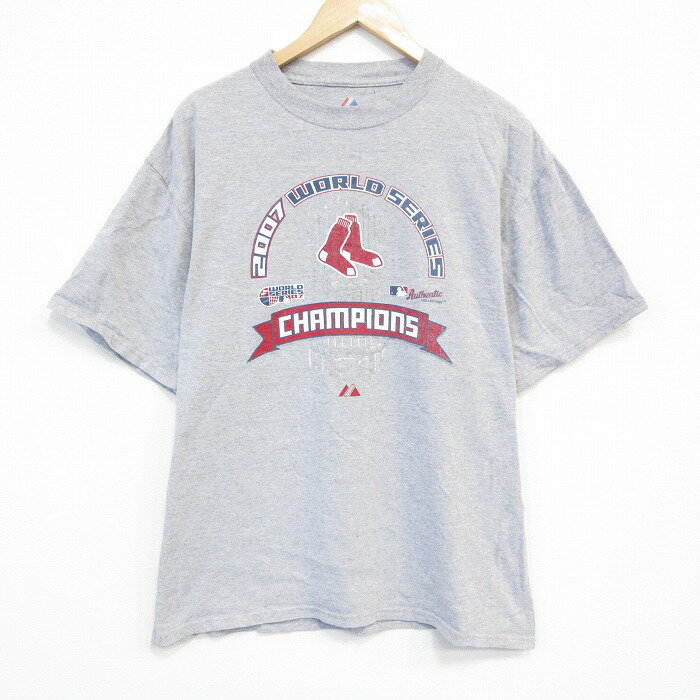 乐天商城 - 【中古】古着 マジェスティック 00s MLB ボストンレッドソックス 半袖Tシャツ メンズ XLサイズ グレー 霜降り クルーネック ベースボール アメカジ ストリート カジュアル 25aug09 5OF