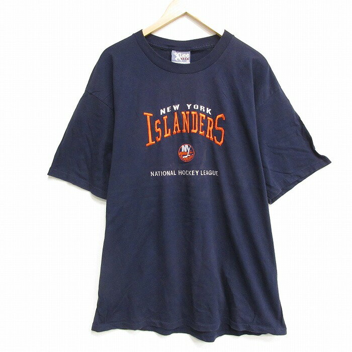 乐天商城 - 【中古】古着 リー Lee 半袖 ビンテージ ヴィンテージTシャツ メンズ 90年代 90s NHL ニューヨークアイランダーズ 刺繍 大きいサイズ 2L LL ビッグシルエット ゆったり ビッグサイズ オーバーサイズ コットン クルーネック 丸首 USA製 アメリカ製 濃紺 ネイビー