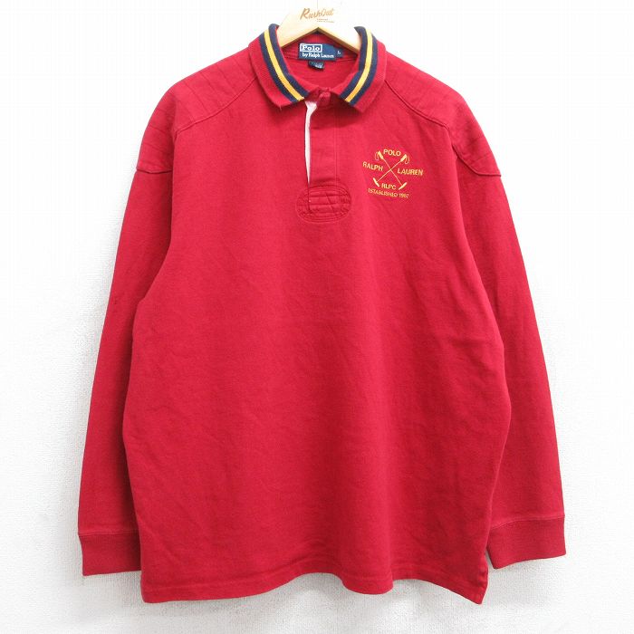 Rugger Shirt - 【中古】古着 ラルフローレン Ralph Lauren 長袖 ブランド ラガーシャツ メンズ 90年代 90s ワンポイントロゴ ヒジ当て 大きいサイズ 2L LL ビッグシルエット ゆったり ビッグサイズ オーバーサイズ コットン 赤 レッド XLサイズ 中古 トップス | 春夏 春物 春服