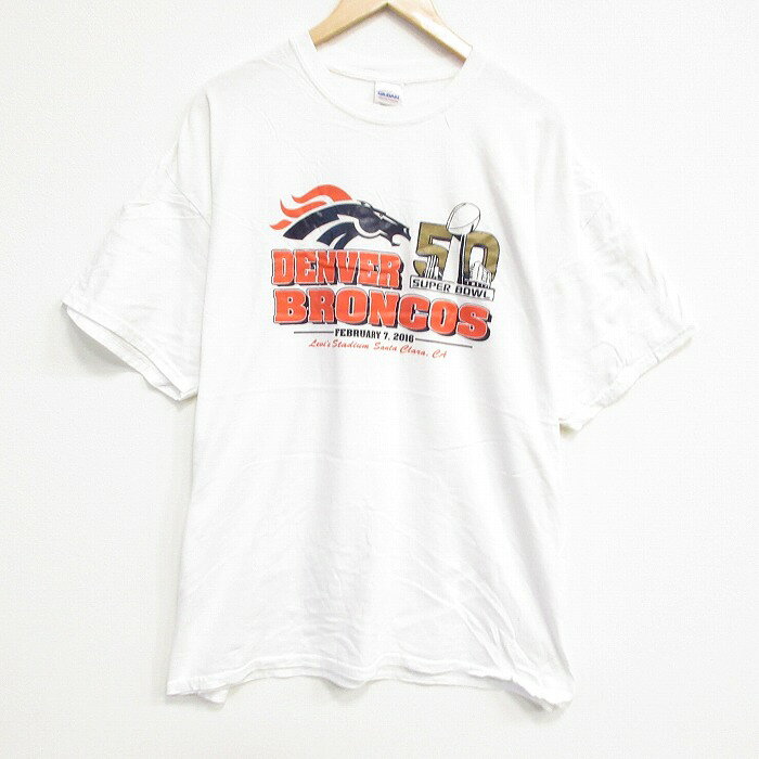 乐天商城 - 【中古】古着 半袖Tシャツ メンズ NFL デンバーブロンコス 大きいサイズ 2L LL ビッグシルエット ゆったり ビッグサイズ オーバーサイズ コットン クルーネック 丸首 白 ホワイト アメフト スーパーボウル XLサイズ 中古 | 春夏 夏物 夏服 メンズファッション カ