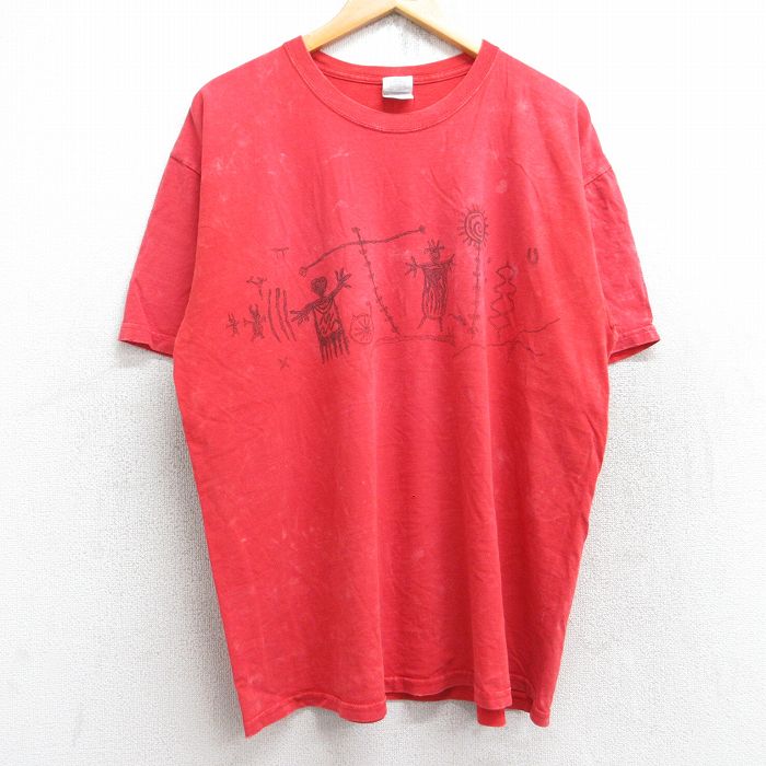 乐天商城 - 【中古】古着 Tシャツ メンズ XLサイズ 00s タイダイ 壁画プリント 赤 コットン クルーネック ヴィンテージ 半袖 アメカジ ストリート カジュアル 25aug13