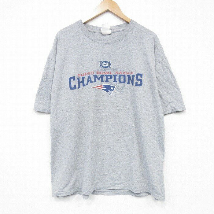 【中古】古着 00s ヴィンテージTシャツ メンズ NFL ニューイングランドペイトリオッツ 2Lサイズ グレー 霜降り クルーネック アメフト アメカジ ストリート カジュアル きれいめ 5OF