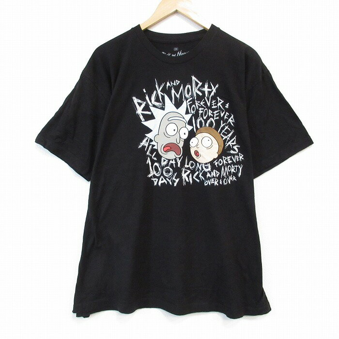 【中古】古着 リップルジャンクション 半袖Tシャツ メンズ アニメ リックアンドモーティ 大きいサイズ 2L LL ビッグシルエット ゆったり ビッグサイズ オーバーサイズ コットン クルーネック 丸首 黒 ブラック XLサイズ 中古 | 春夏 夏物 夏服 メンズファッション