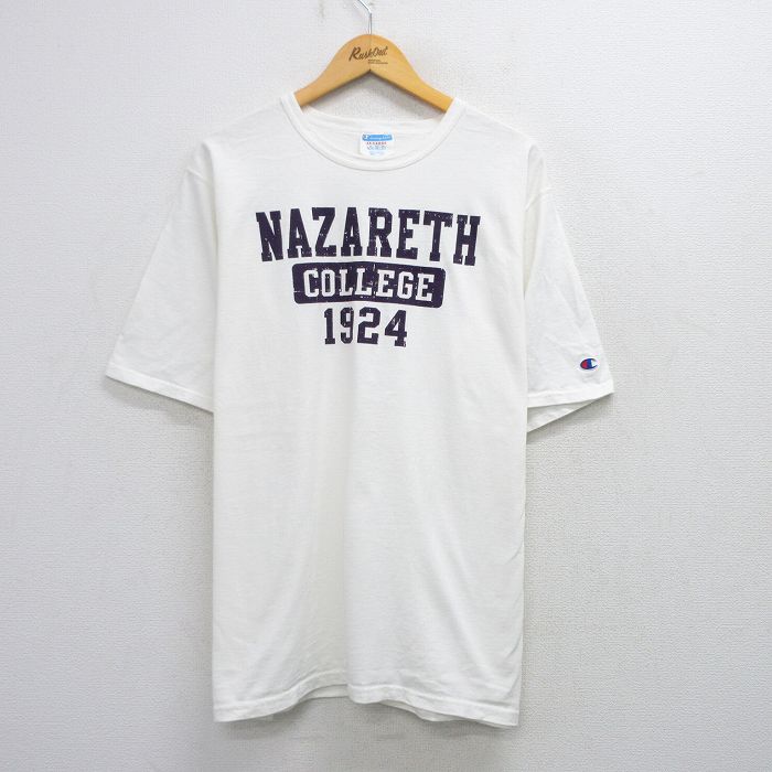 【中古】古着 チャンピオン Champion 半袖 ブランドTシャツ メンズ ナザレス カレッジ 大きいサイズ 2L LL ビッグシルエット ゆったり ビッグサイズ オーバーサイズ コットン クルーネック 丸首 白 ホワイト XLサイズ 中古 | 春夏 夏物 夏服 メンズファッション 5OF
