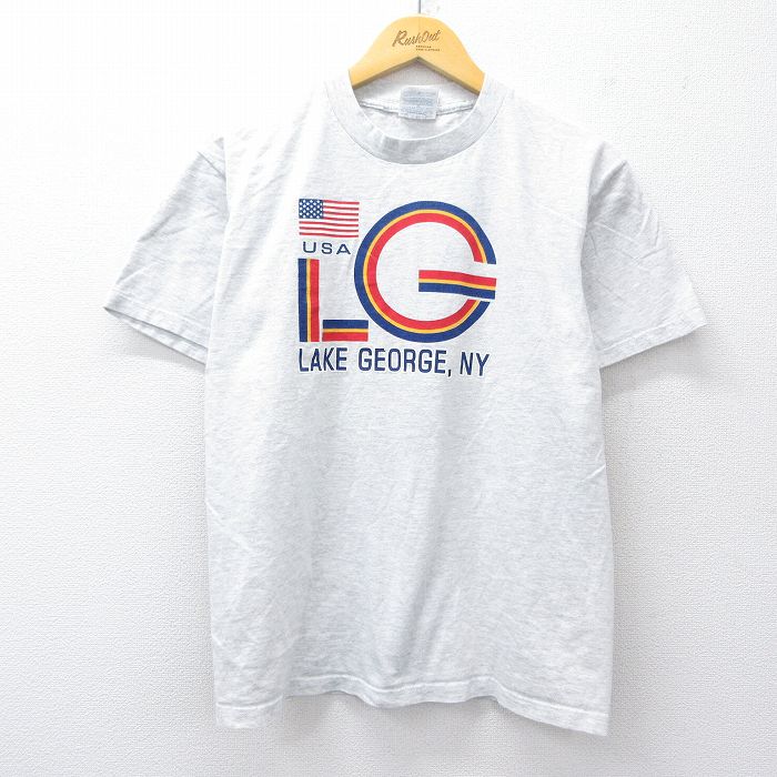 【中古】古着 半袖 ビンテージ ヴィンテージTシャツ メンズ 00年代 00s LAKE GEORGE 星条旗 クルーネック 丸首 薄グレー 霜降り Mサイズ 中古 | 春夏 夏物 夏服 ヴィンテージTシャツ メンズファッション カットソー ティーシャツ ティシャツ メンズTシャツ 半袖T
