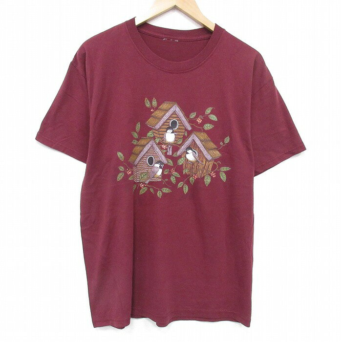 STREET - 【中古】古着 半袖ヴィンテージTシャツ メンズ 00s 00年代 エンジ Lサイズ クルーネック 鳥小屋プリント アメカジ ストリート カジュアル きれいめ レトロ オールド 5OF