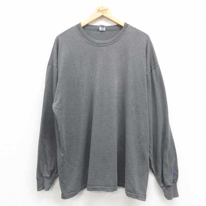 【中古】古着 ラッセル 長袖 ビンテージ ヴィンテージTシャツ メンズ 00年代 00s ワンポイントロゴ 大きいサイズ 2L LL ビッグシルエット ゆったり ビッグサイズ オーバーサイズ クルーネック 丸首 グレー XLサイズ 中古 | 春夏 春物 春服 秋冬 秋物 秋服 メンズ