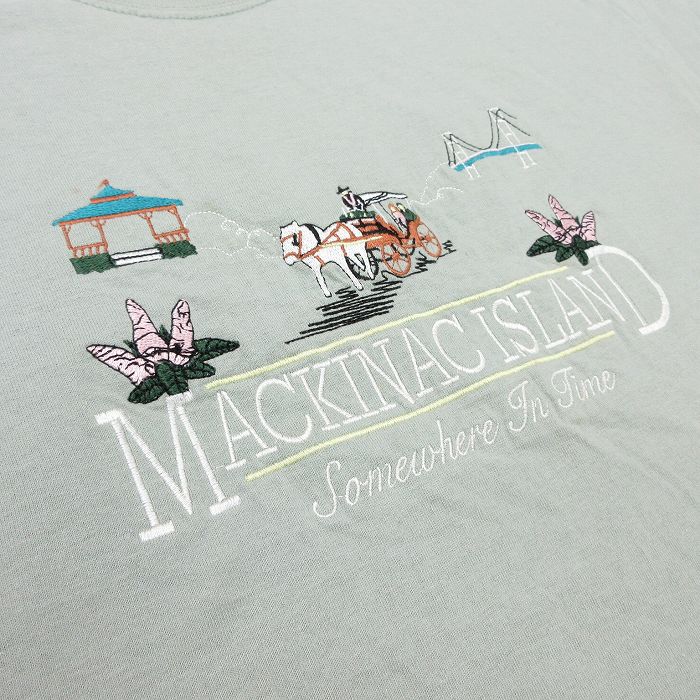 【中古】ヘインズ 00s Tシャツ メンズ M 緑 MACKINAC ISLAND 刺繍 クルーネック ビンテージ アメカジ ストリート カジュアル トップス 25aug21