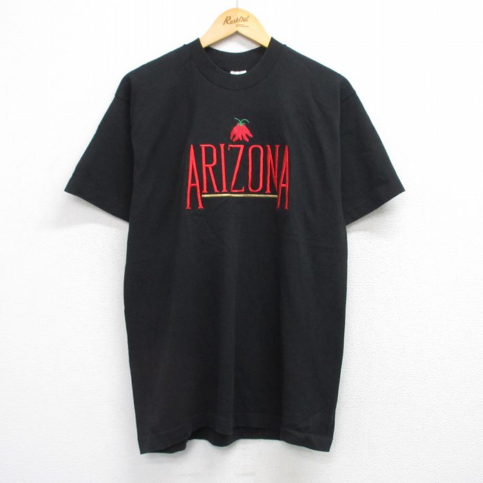 【中古】古着 フルーツオブザルーム 半袖 ビンテージ ヴィンテージTシャツ メンズ 90年代 90s アリゾナ 唐辛子 刺繍 コットン クルーネック 丸首 USA製 アメリカ製 黒 ブラック Lサイズ 中古 | 春夏 夏物 夏服 ヴィンテージTシャツ メンズファッション カットソー 5OF