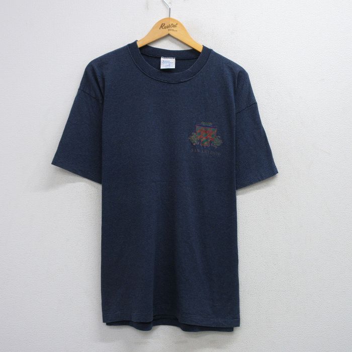 乐天商城 - 【中古】古着 半袖 ビンテージ ヴィンテージTシャツ メンズ 90年代 90s TX 大きいサイズ 2L LL ビッグシルエット ゆったり ビッグサイズ オーバーサイズ クルーネック 丸首 USA製 アメリカ製 紺 ネイビー ボーダー XLサイズ 中古 | 春夏 夏物 夏服 ヴィンテージT