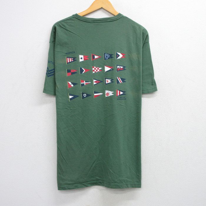 【中古】古着 ノーティカ NAUTICA 半袖 ビンテージ ヴィンテージ ブランドTシャツ メンズ 90年代 90s 旗 胸ポケット付き 大きいサイズ 2L LL ビッグシルエット ゆったり ビッグサイズ オーバーサイズ コットン クルーネック 丸首 USA製 アメリカ製 濃緑 グリーン
