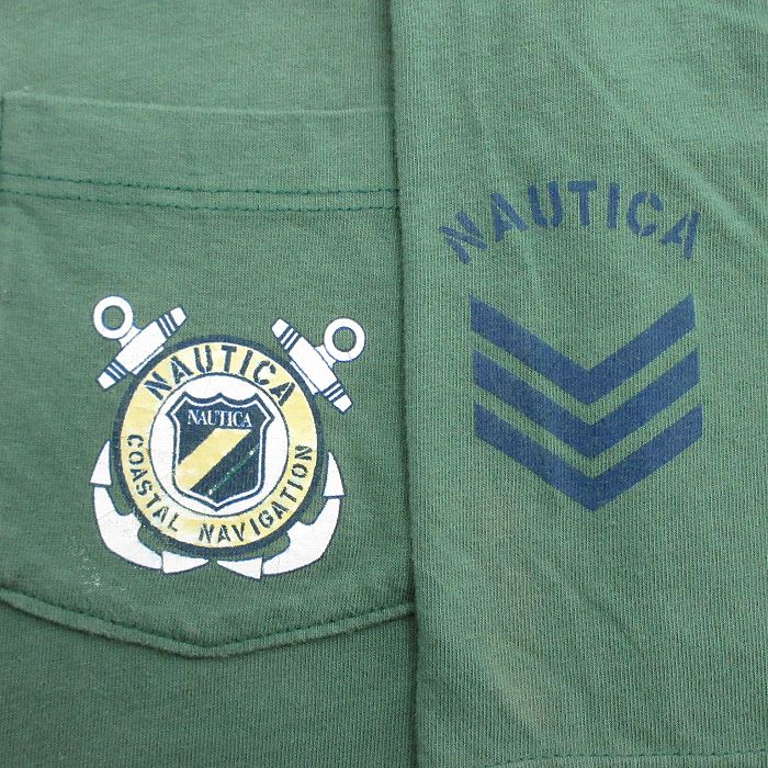 【中古】古着 ノーティカ NAUTICA 半袖 ビンテージ ヴィンテージ ブランドTシャツ メンズ 90年代 90s 旗 胸ポケット付き 大きいサイズ 2L LL ビッグシルエット ゆったり ビッグサイズ オーバーサイズ コットン クルーネック 丸首 USA製 アメリカ製 濃緑 グリーン 5OF