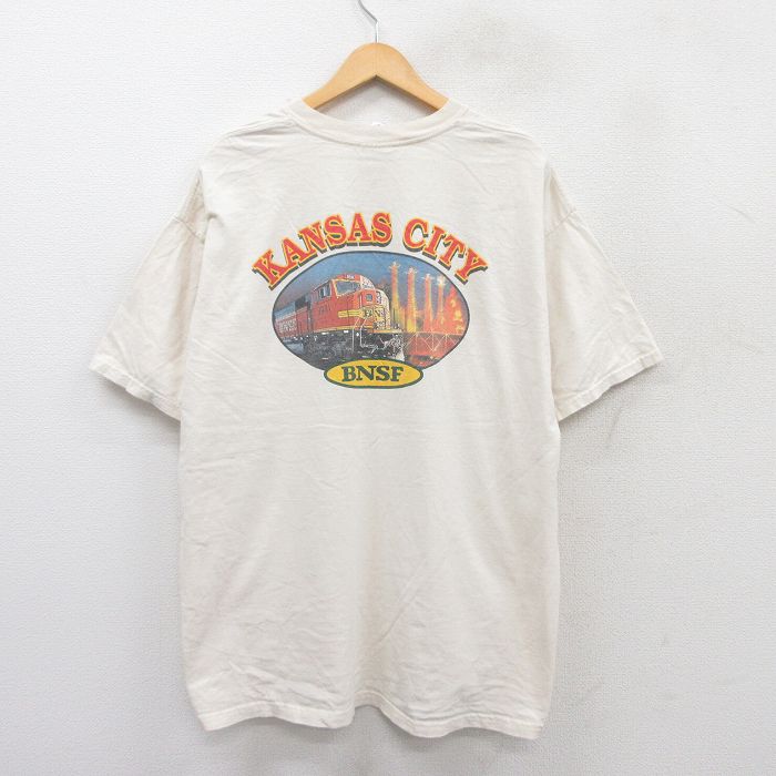 乐天商城 - 【中古】古着 半袖 ビンテージ ヴィンテージTシャツ メンズ 00年代 00s KANSAS BNSF 大きいサイズ 2L LL ビッグシルエット ゆったり ビッグサイズ オーバーサイズ コットン クルーネック 丸首 生成り XLサイズ 中古 | 春夏 夏物 夏服 ヴィンテージTシャツ メンズ