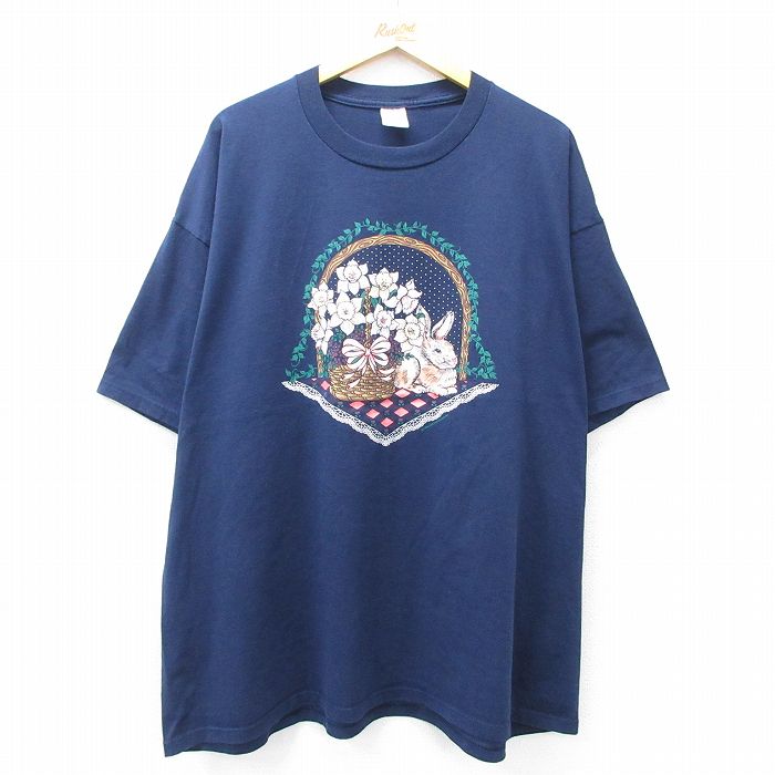 【中古】古着 ジャージーズ 半袖 ビンテージ ヴィンテージTシャツ メンズ 90年代 90s ウサギ 花 大きいサイズ 2L LL ビッグシルエット ゆったり ビッグサイズ オーバーサイズ クルーネック 丸首 USA製 アメリカ製 紺 ネイビー 【spe】 XLサイズ 中古 | 春夏 夏物