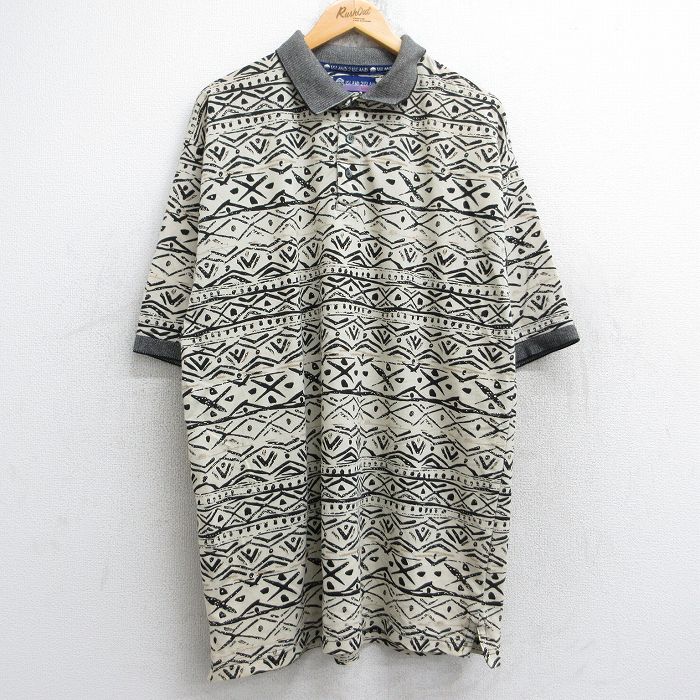 【中古】古着 半袖 ポロシャツ メンズ 総柄 大きいサイズ 2L LL ビッグシルエット ゆったり ビッグサイズ オーバーサイズ ロング丈 薄ベージュ他 カーキ XLサイズ 中古 トップス | 春夏 春物 春服 夏物 夏服 カジュアルシャツ メンズファッション 半袖シャツ おし