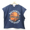 【中古】古着 SPALDING ノースリーブTシャツ メンズ ビッグロゴ バスケットボール ショート丈 大きいサイズ 2L LL ビッグシルエット ゆったり ビッグサイズ オーバーサイズ コットン クルーネック 丸首 紺 ネイビー 【spe】 XLサイズ 中古 春夏 夏物 夏服 メンズ