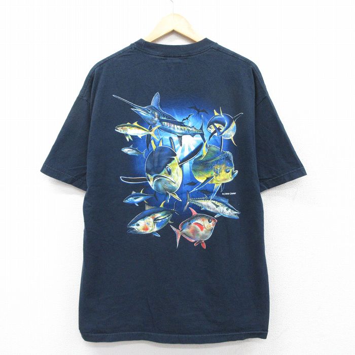 【中古】古着 半袖 ビンテージ ヴィンテージTシャツ メンズ 90年代 90s 魚 胸ポケット付き コットン クルーネック 丸首 USA製 アメリカ製 紺 ネイビー XLサイズ 中古 | 春夏 夏物 夏服 ヴィンテージTシャツ メンズファッション カットソー ティーシャツ ティシャ