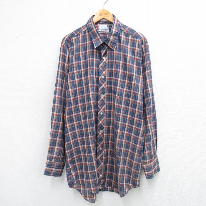 【中古】古着 長袖シャツ メンズ 90年代 90s ロング丈 紺他 ネイビー チェック XLサイズ 中古 トップス | 春夏 春物 春服 秋冬 秋物 秋服 カジュアルシャツ メンズファッション 長袖シャツ おしゃれ カジュアル